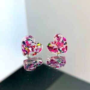 Pink glitter heart stud earrings